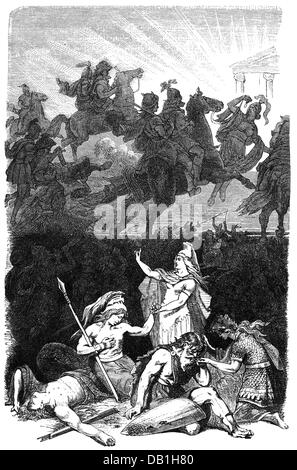 literature, Norse sagas, Valkyries escort the fallen heroes to Valhalla, wood engraving after drawing by Friedrich Wilhelm Heine, 1887, Additional-Rights-Clearences-Not Available Stock Photo