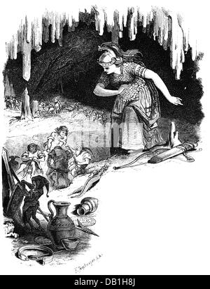 Freyja, Germanic goddess of fertility and love, visiting the dwarfs who make jewellery, wood engraving after drawing by Friedrich Wilhelm Heine, 1887, Stock Photo