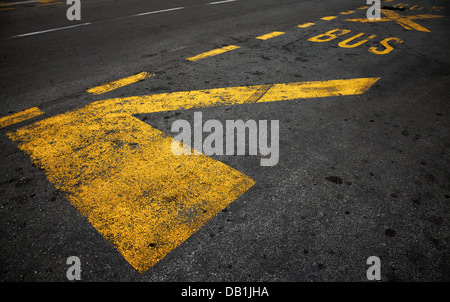 Yellow bus stop marking on dark asphalt road Stock Photo