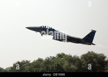 An F-15E Strike Eagle assigned to the 336th Fighter Squadron takes off for the first time in more than three months at Seymour Johnson Air Force Base, N.C., July 17, 2013. Despite the recent allocation of flying hours, budget uncertainty continues to make Stock Photo