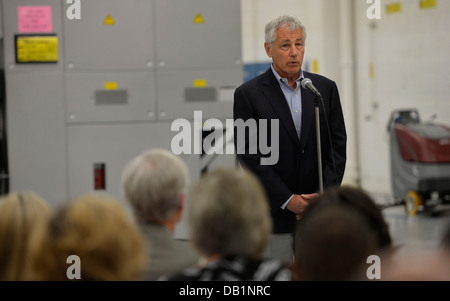 Secretary of Defense Chuck Hagel addresses civilian employees of Fleet Readiness Center Southeast July 16, 2013, at Naval Air Station Jacksonville, Fla. Hagel was on a three-day trip to visit several installations on the U.S. East Coast.