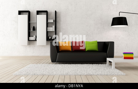 Colorful contemporary living room with black leather couch - rendering Stock Photo