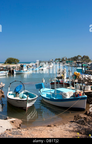 Fishing boats moored on the Liopetri river, Potamos, Cyprus Stock Photo