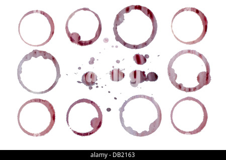 Set of red wine stains and droplets: 10 separate clipping paths of each stain plus droplets and one complete Stock Photo