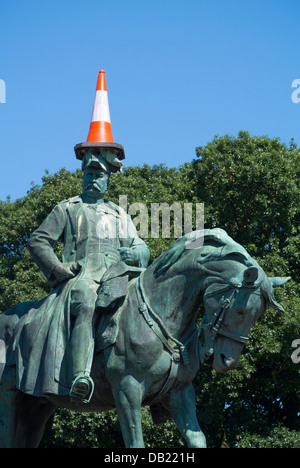 Statue of General Sir Redvers Buller VC with a traffic cone on his head. Exeter, Devon England. Stock Photo