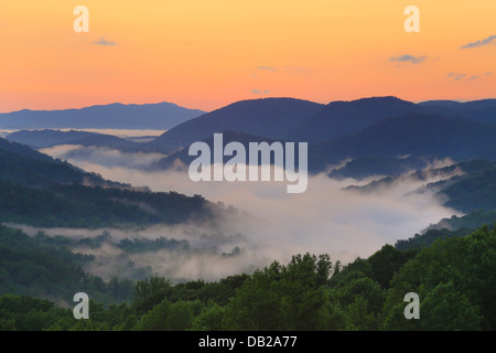 Sunrise Seen From Little River Road, Great Smoky Mountains National Park, Tennessee, USA Stock Photo