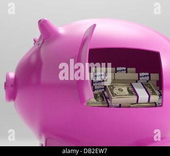 Notes In Piggy Shows Savings And Investment Stock Photo