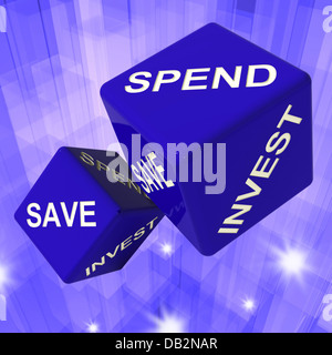Spend, Save, Invest Dice Background Shows Finances And Debts Stock Photo