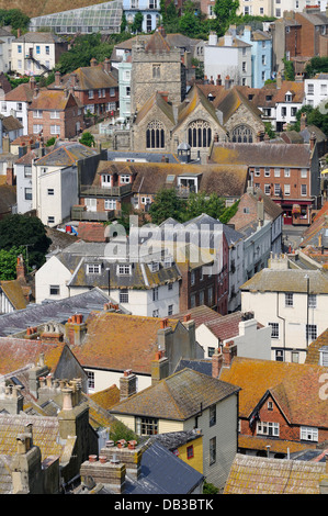 Houses and St Clements church at Hastings Old Town, East Sussex, UK, viewed from East Hill Stock Photo