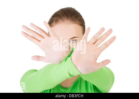 Hold on, Stop gesture showed by young woman hands Stock Photo