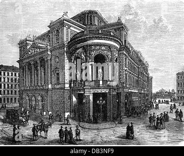 geography / travel, Austria, Vienna, theatre, Stadttheater (Ronacher), built 1871 - 1872, architects: Ferdinand Fellner the Elder and Ferdinand Fellner the Younger, exterior view, wood engraving, circa 1875, architecture, historicism, historism, Himmelpfortgasse, Seilerstaette, inner city, inner city, midtown, city centre, town centre, urban core, 1st district, people, street, streets, streets, street, Austria-Hungary, Austria - Hungary, Dual-Monarchy, Cisleithania, Europe, Central Europe, 19th century, historic, historical, Additional-Rights-Clearences-Not Available Stock Photo