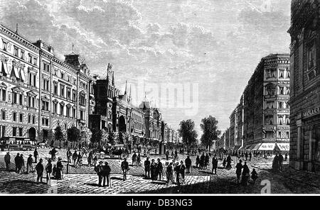 geography / travel, Austria, Vienna, streets, Ringstrasse, Schottenring with Ringtheater, wood engraving, 1869, Additional-Rights-Clearences-Not Available Stock Photo