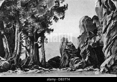 theatre, opera, 'The Valkyrie' (Die Walküre), by Richard Wagner, stage design, rock decoration, drawing, by Max Brückner (1836- 1919), Bayreuth Festival, Bayreuth, 1896, Additional-Rights-Clearences-Not Available Stock Photo