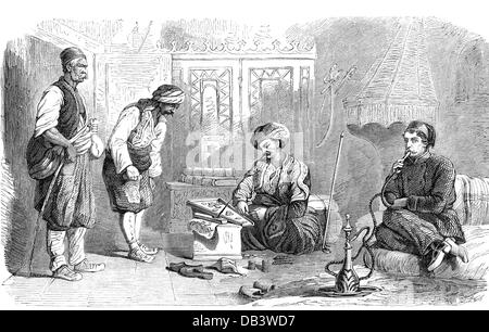 money / finance,interest and taxes,payment to a tithe collector in Bosnia,wood engraving,19th century,19th century,graphic,graphics,Bosnia,Ottoman Empire,administration,financial management,tax farming,publican,taxman,exciseman,gauger,tax collector,tax revenue,ten,half length,standing,sitting,sit,hookah,hookahs,clothes,traditional costume,national costume,dress,traditional costumes,national costumes,dresses,fee,fees,charges,the Balkans,tax,taxes,payment,payments,historic,historical,male,man,men, NOT,people,Additional-Rights-Clearences-Not Available Stock Photo