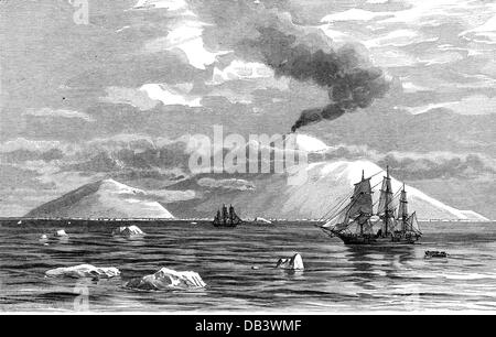 Ross, Sir James Clarke, 15.4.1800 - 3.4.1862, British arctic explorer, here: 'Erebus volcano' on Ross Island, contemporary woodcut, 19th century, Stock Photo