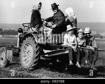 A farmer with his wife sitting on a tractor in a field. Their Labrador ...