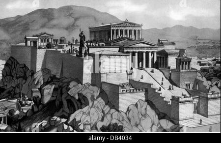 geography / travel, Greece, Athens, acropolis, view, reconstruction by Friedrich von Thiersch, drawing, circa 1900, Additional-Rights-Clearences-Not Available Stock Photo