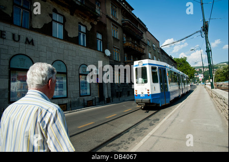 Tram along Obala Kulina Bana street . Sarajevo.Bosnia- Herzegovina. Balkans. Europe. Stock Photo