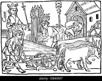 agriculture, agricultural work, plowing and mowing, observed by the goddess Ceres, woodcut, Ulm, 1473, Additional-Rights-Clearences-Not Available Stock Photo