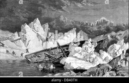 transport / transportation, navigation, sailing ship, wreck of the 'Hansa', wrecked during of the second German North Pole expedition 1869 - 1870, wood engraving, late 19th century, Additional-Rights-Clearences-Not Available Stock Photo