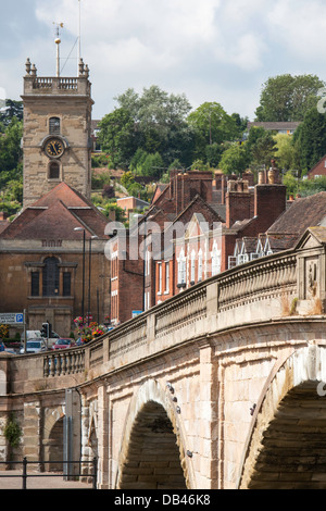Bewdley's three-span masonry arch bridge over the River Severn and St Anne's Parish Church, Worcestershire, England, UK Stock Photo