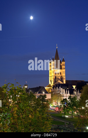 Church of Gross St. Martin and the Altstadt (old town) at night, Cologne, Rhine-Westphalia, Germany Stock Photo