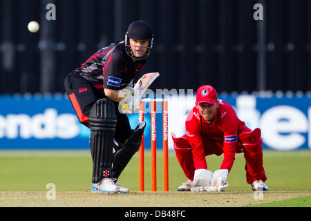 Leicester, UK. Tuesday 23rd July 2013. Action from the FriendsLife t20 North Group cricket match between Leicestershire Foxes and Lancashire Lightning. Credit:  Graham Wilson/Alamy Live News Stock Photo