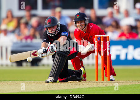 Leicester, UK. Tuesday 23rd July 2013.  Action from the FriendsLife t20 North Group cricket match between Leicestershire Foxes and Lancashire Lightning. Credit:  Graham Wilson/Alamy Live News Stock Photo