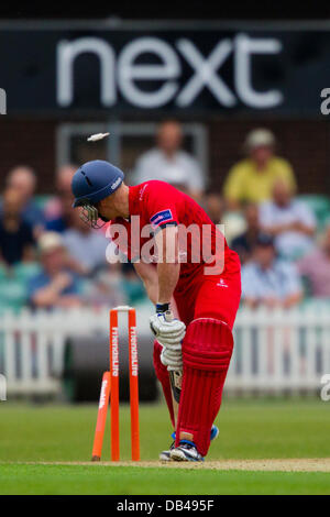 Leicester, UK. Tuesday 23rd July 2013. Lancashire's Glen Chapple is bowled during the FriendsLife t20 North Group cricket match between Leicestershire Foxes and Lancashire Lightning. Credit:  Graham Wilson/Alamy Live News Stock Photo