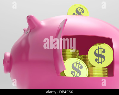 Dollars In Piggy Shows Currency And Investment Stock Photo