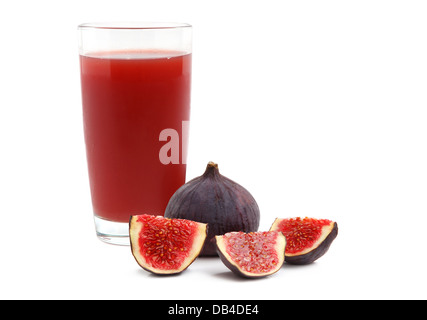 Fresh ripe figs and juice in glass on white background Stock Photo