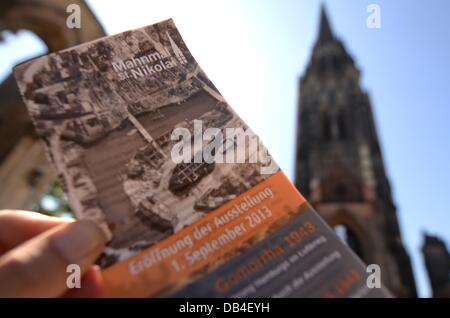 (ILLUSTRATION) An illustration dated 23 July 2013 shows a flyer for the new exhibition 'Gomorrha 1943' outside of the monument St. Nikolai in Hamburg, Germany, 23 July 2013. The exhibition opens on 01 September 2013 and will inform people about the aerial bombardment of Hamburg during WWII that causes a firestorm and killed more than 35,000 people. Photo: MARCUS BRANDT Stock Photo