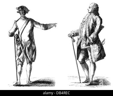 military, France, soldiers, left: common soldier, right: officer (major), mid 18th century, after Leclercq, wood engraving, 19th century, uniform, uniforms, baroque, army, armies, weapon, weapons, arms, sabre, sabres, fashion, hat, hats, stick, sticks, outfit, outfits, clothes, headpiece, headpieces, historic, historical, people, Additional-Rights-Clearences-Not Available Stock Photo