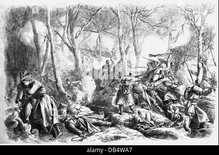 events, Second Schleswig War 1864, skirmish at Vejle, 8.3.1864, Austrian infantry attacking a Danish position, wood engraving after drawing by Otto Guenther, Additional-Rights-Clearences-Not Available Stock Photo
