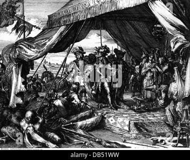 events, Great Turkish War 1683 - 1699, Battle of Vienna, 12.9.1683, Emperor Leopold I in the tent of Grand Vizier Kara Mustafa Pasha, copper engraving by Romeyn de Hooghe (1645 - 1708), Ottoman Empire, Austria, wars, siege, Christian coalition (Poles, Austrians, Bavarians, Franconians) lead by King John III Sobieski of Poland, Turks under Kara Mustafa Pascha, attack, soldiers, camp, defeat, loot, spoils, captured, Habsburg, 17th century, historic, historical, relief, Holy League, people, Additional-Rights-Clearences-Not Available Stock Photo
