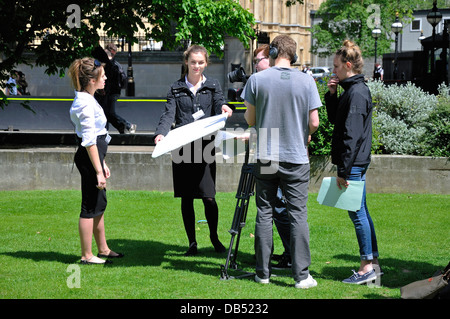 London, England, UK. Outside Broadcast TV crew by the Houses of Parliament Stock Photo