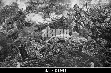 events, First World War/WWI, Western Front, France, Battle of um Verdun 21.1.1916 - 20.12.1916, combat for the shell crater, French drawing, 1916, infantry, soldiers, fine arts, Germany, 20th century, historic, historical, people, 1910s, Additional-Rights-Clearences-Not Available Stock Photo