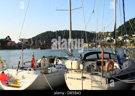 Sailing yachts and other craft moored to jetties on the River Dart, Dartmouth, Devon, England, UK. Stock Photo