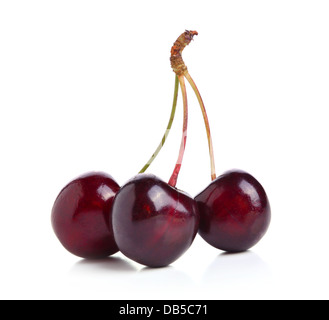 Ripe red cherries on stems against a white background Stock Photo