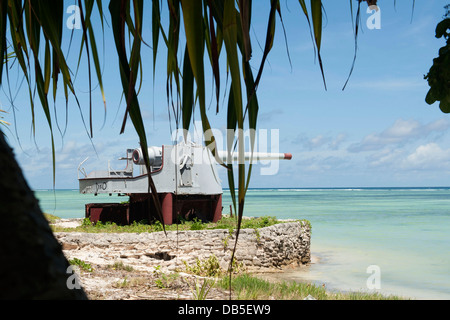 An abandoned World War II coastal defense gun on Red Beach Three July 19, 2013 on the South Pacific island of Tarawa. Stock Photo