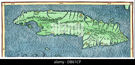 Early map of Cuba, 1597. Hand-colored woodcut Stock Photo