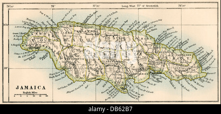 Map of Jamaica, 1870s. Color lithograph Stock Photo