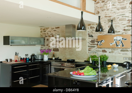 Shiny black lacquer units from Magnet teamed with black granite worktops in 18th century long-barn kitchen conversion, Devon Stock Photo