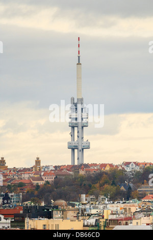 Zizkov TV transmitter with David Cerny's giant crawling babies Stock Photo