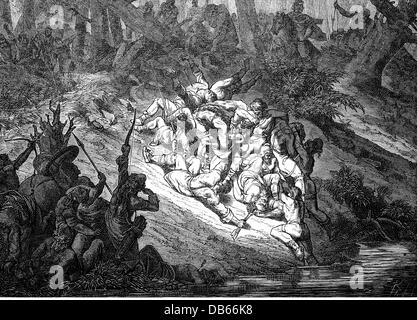 Middle Ages, Magyar Invasions 899 - 955, a Hungarian detachment is defeated at the Droemling Forest, 954, wood engraving, 19th century, historic, historical, Hungarian, Hungarians, wars, war, military, East Francia, 10th century, Germany, fight, fighting, wood, woods, warriors, battle, Droming, Drömling, medieval, people, Additional-Rights-Clearences-Not Available Stock Photo