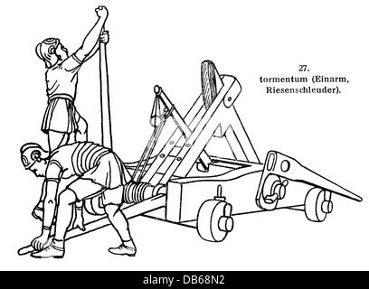 military, Ancient World, missile weapons, tormentum, one-armed catapult, wood engraving, 19th century, weapons, arms, weapon, arm, catapult, catapults, missile, missiles, Roman Empire, Romans, Roman, engine of war, clipping, cut out, cut-out, cut-outs, historic, historical, siege, soldiers, soldier, ancient world, people, Additional-Rights-Clearences-Not Available Stock Photo