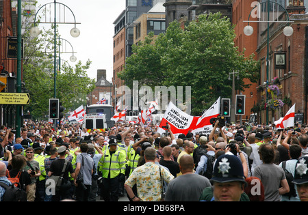 English Defence League protesters march along Birmingham's Broad Street, July 2013. Stock Photo