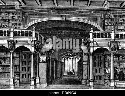 libraries, Bodleian Library, Oxford, England, interior view, wood engraving, 2nd half 19th century, university, science, books, Graet Britain, historic, historical, Additional-Rights-Clearences-Not Available Stock Photo