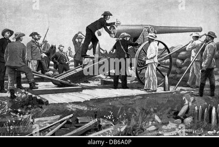 events, Second Boer War, 1899 - 1902, siege of Mafikeng, October 1899 - May 1900, Boer artillery position, French 155 mm Kanone Creusot 'Long Tom', illustration after photograph, 1900, Additional-Rights-Clearences-Not Available Stock Photo