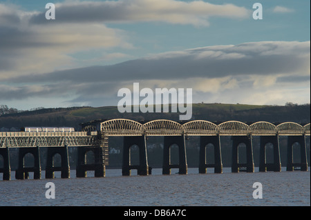 First Scotrail train crossing the Tay Rail Bridge spanning the Firth of Tay, Scotland. Stock Photo
